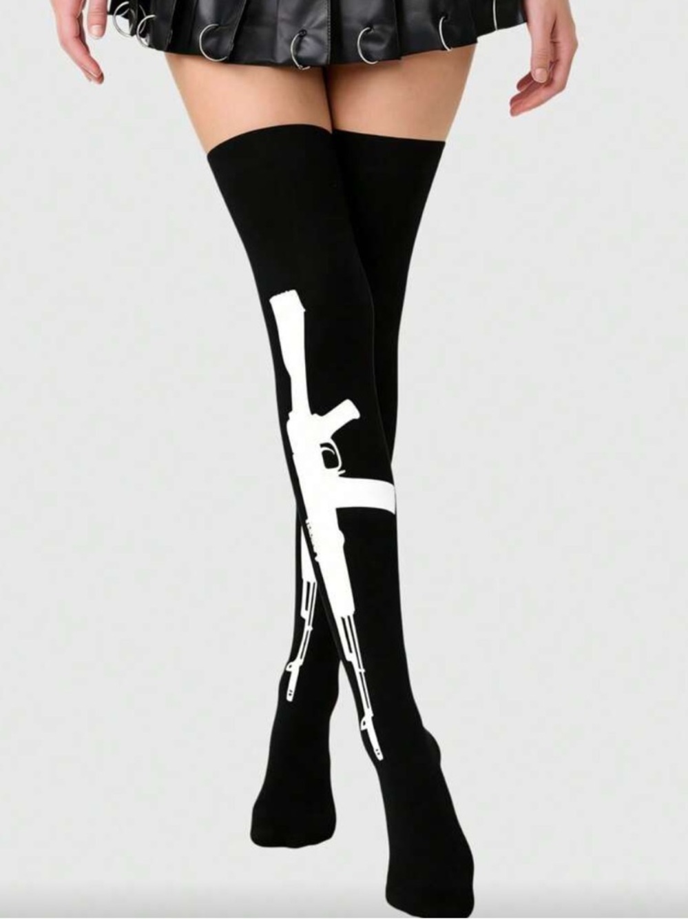 Black Thigh-High Socks with White Gun Graphic